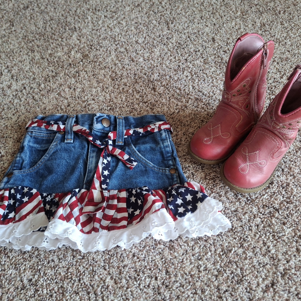 Wrangler Denim Skirt with Stars & Stripes Ruffle - Blue, Red, White